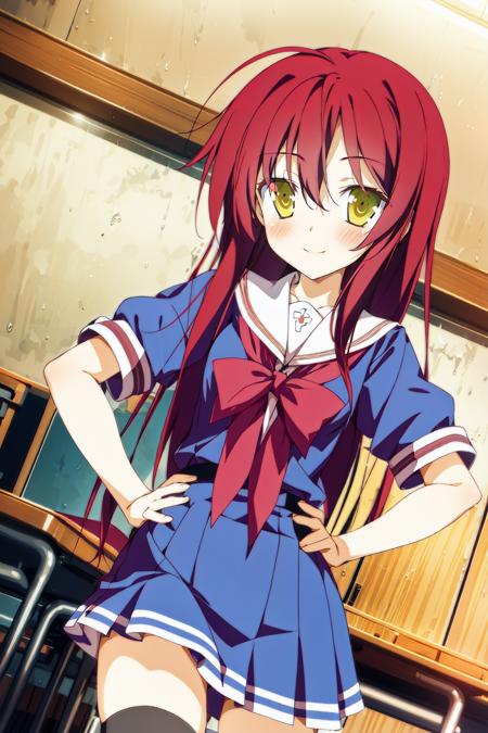 1girl,favSK,red hair, <lora:favSKAV5:0.9>, seductive smile,thighhighs, hand on hip, school uniform, yellow eyes,