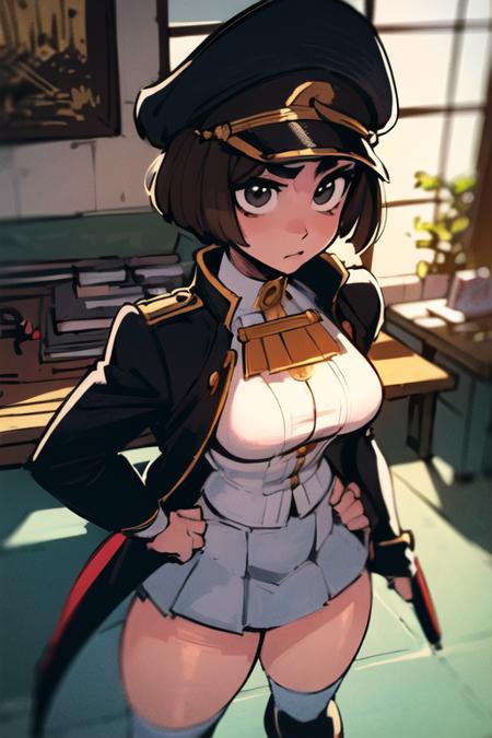 ((ultra detailed)), ((illustration)), beautiful, amazing, (((masterpiece))), mankanshoku mako , 1girl, shcool uniform, jacket, hat, arm crossed, standing, spikes, brass knuckles, <lora:mako-000015:1>,  <lora:gopheralphastyle_10:0.7>