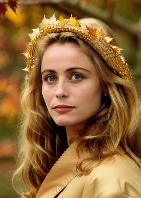 Masterpiece, beautiful emmanuelle_beart, drill hair, wearing gold laced dress, autumn, leaves, trees, best quality, samdoesarts, portrait, intricate detail, relaxing, brown eyes, headdress, detailed eyes, big pupils, brown eyes
<lora:emmanuelle_beart-000007:0.7>,
