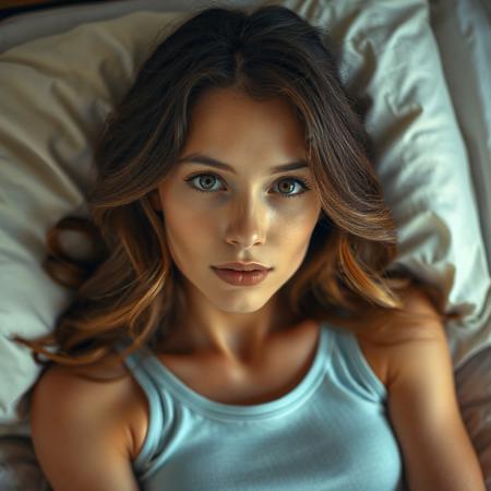 a 32 year old female with long, brunette, wavy hair, gazing directly at the camera. she us laying in a bed, dressed in a light blue tank top with a subtle pattern. The soft, natural lighting enhances their features, creating a warm and inviting atmosphere. The background is softly blurred, drawing attention to the subject's expressive eyes and serene expression, suggesting a relaxed moment in a cozy setting, realistic photo, hyperrealistic, hyper realistic, photorealistic, photo realistic, cinematic shot, dynamic lighting, 75mm, Technicolor, Panavision, cinemascope, sharp focus, fine details, 8k, HDR, realism, realistic, key visual, film still, cinematic color grading , cinematic shot, dynamic lighting, 75mm, Technicolor, Panavision, cinemascope, sharp focus, fine details, 8k, HDR, realism, realistic, key visual, film still, cinematic color grading, depth of field