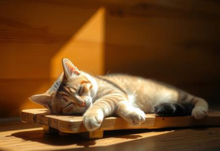 A board cat naps in a beam of sunlight