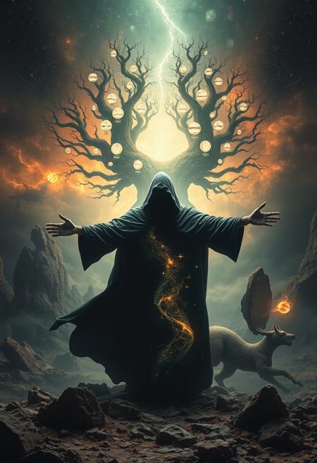 A universe inside a dark cloaked figure within mysterious landscape in an unfathomable realm of fantastic creation inhabited by ancient shadows of a forgotten time beyond the gate of the gateless gate where life is limitless, light is shadow and shadow is light, eerie sense, horror, spark of the beginning, existence and nonexistence at once, ethereal, outstretched arms, behold the end of the beginning, inglorious glory to the dark one, betrayal of the ancient order, beware the 7headed beast, destroyer of the old ways, bearer of the unbearable, nightmarish, archaic runes, tree aging backwards, breath of the gods, ruins of a place unimagined, extreme intricate detail, photorealistic, beyond epic scene, fate discarded, unseeable face of god, the end is the beginning, the beginning is the end, man arises as god dies, as above so below, as below so above, emerald tablet, thoth, guardian and saboteur of existence, hopeless hope, ghosts of the unborn, conception of the inconceivable, cosmic well of imperceptible perception