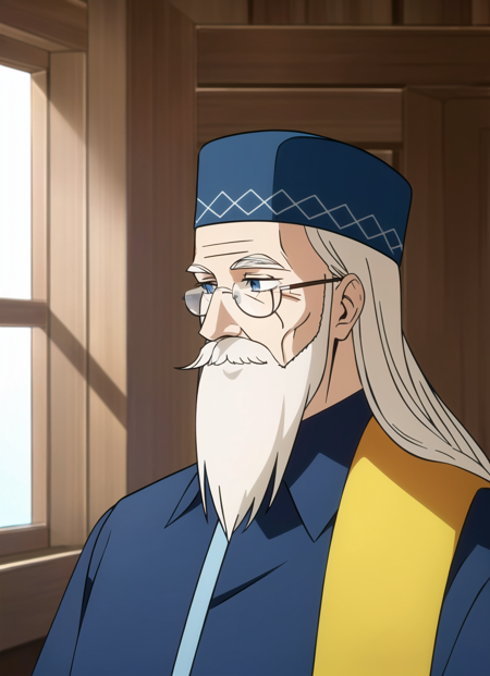 mashle <lora:mashle_offset:1.1>, masterpiece, best quality, 1boy, male focus, glasses, facial hair, beard, hat, old, solo, old man, long hair, white hair, mustache, blue eyes, blue headwear, indoors