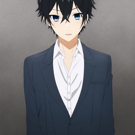 1 boy, black hair, blue eyes, looking at viewer, standing, cowboy shot, full body, angry, white shirt, dark blue blazer<lora:Miya:1>