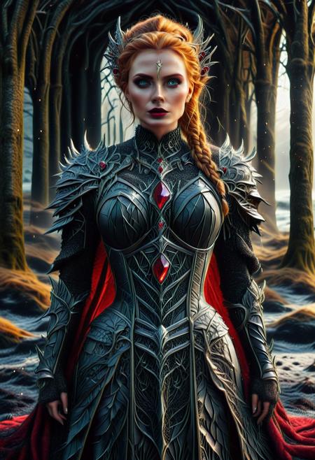 ObsidianSand, nbn-freyja, (ObsidianSand background:2), indoors, standing, 1woman, solo, long hair, black choker, eyeliner, gorgeous lips, covered breasts, cinematic, best quality, ultra-detailed, very aesthetic, (natural eyes:1.4), freckles, aloof, (masterpiece:1.1), small waist, fitness body, wide hips, 32 years old, golden blond hair, censored, (big stained glass windows:1.4), (ObsidianSand Victorian dress:1.6), (red ruby clothes:1.6), high end closure, Evil Queen, cinemascope, moody, epic, gorgeous, film grain, natural hands, red elbow gloves, knee boots, dramatic, ritual magic, freyja, auburn hair, braided hair, magic, forest, Viking queen, mythic beauty, feathered cloak, fur, armor, robe, braid, rune jewelry, photorealistic, cinematic, flowers, jewelry, photorealism, cinematic lighting, high fantasy, mythic portraiture, soft background, northern folklore aesthetic, (fully dressed:2), (RAW photo), 4K, best quality, realistic, photorealistic, masterpiece, extremely detailed, an extremely delicate and beautiful, dynamic, realistic anatomy, candle lighting, perfect shading, professional shading, depth of field, great lighting, goth wedge boots, elegant, gorgeous, highly detailed, detailed fluorescent hair with dark roots, 35mm, f1.4, dark lipstick, full shot photo, perfect face, perfect anatomy, cute, beautiful, perfect beauty, amazing beauty, absolutely perfect, perfect skin, gentle, highly detailed, breathtaking, clear skin, (ObsidianSand clothes:2.6).