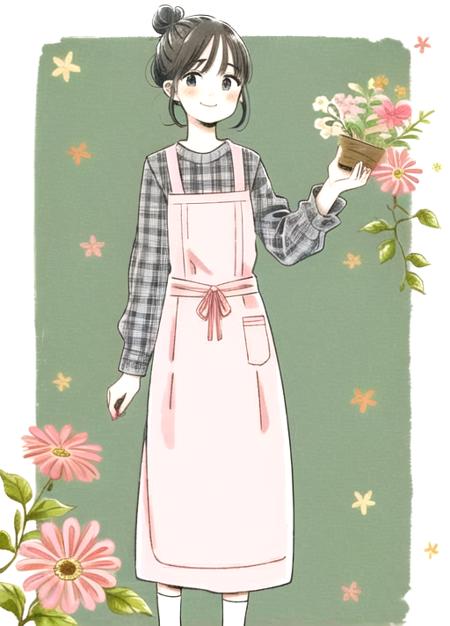 0.9girl, solo, looking at viewer, blush, smile, bangs, simple background, brown hair, shirt, black hair, long sleeves, white background, dress, holding, closed mouth, standing, full body, white shirt, flower, sidelocks, socks, pants, hand up, blunt bangs, hair bun, nail polish, black eyes, apron, fingernails, plaid, blush stickers, single hair bun, pink dress, pink flower, pink nails, arm at side, yellow flower, dot nose, floral background, holding flower, white sweater, pink apron<lora:itukastyle-05:0.9>