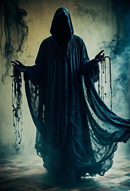 Horrific shapeshifter cloaked in fluid shadows, 
which comes from all around Like it would have own life, 
Sharp texture and ornaments and contrasts, 
dust, 
fog, 
Full body image, 
mysterious, 
frightening, 
evil, 
dramatic atmosphere, 
fluid, 
oil, 
ink, 
vivid colors, 
Dark Color palette, 
cold colors, 
lomography, 
Color whirlwind