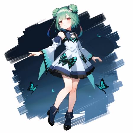 <lora:testbluerushia:1>,  bluerushia, green hair, double bun, red eyes, short hair, blue bow, skull hair ornament, full body,