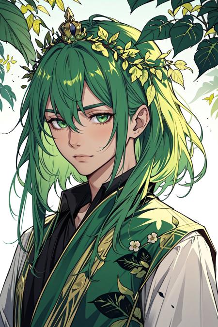 portrait, solo, upper body, looking at viewer, detailed background, detailed face, 1boy, nymph, ethereal, nature-inspired, almond-shaped face shape, emerald eye color, cascading green hair, leafy attire, floral crown, serene expression, mystical feeling of the image.  <lora:AZovyaRPGArtistToolsLORAV2art:0.6>