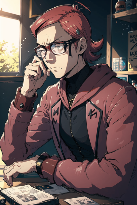 masterpiece, best quality,  <lora:MaxieLora-10:0.7>, lava, magma, maxie \(pokemon\), glasses, ribbed shirt, red coat, frown, 1boy, solo, hand on glasses,