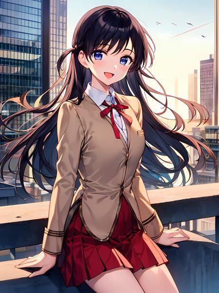 (exceptional, best aesthetic, new, newest, best quality, masterpiece, extremely detailed), 1girl, solo, tsukamototenma, school_uniform, red_skirt, looking_at_viewer, smile, open_mouth, cityscape, city, sky