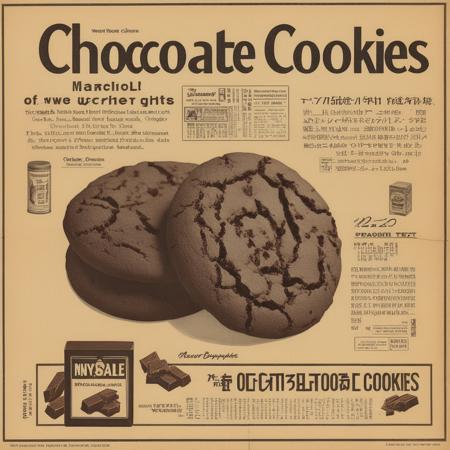 A photorealistic representation of an old, slightly yellowed newspaper page featuring a vintage advertisement for chocolate cookies. The ad should be the focal point and should capture the essence of a bygone era, perhaps with retro fonts and illustrations. The chocolate cookies should look irresistibly delicious, with visible chocolate chips and a texture that suggests they are soft and chewy. The brand name should be prominently displayed, and the ad may include catchy phrases or slogans that would have been popular during the time the newspaper was printed. The newspaper itself should show signs of age, such as slight discoloration, creases, or small tears, to add to the vintage feel. The lighting should be soft but sufficient to make the ad and the text easily readable, <lora:oldjpnews:0.6>