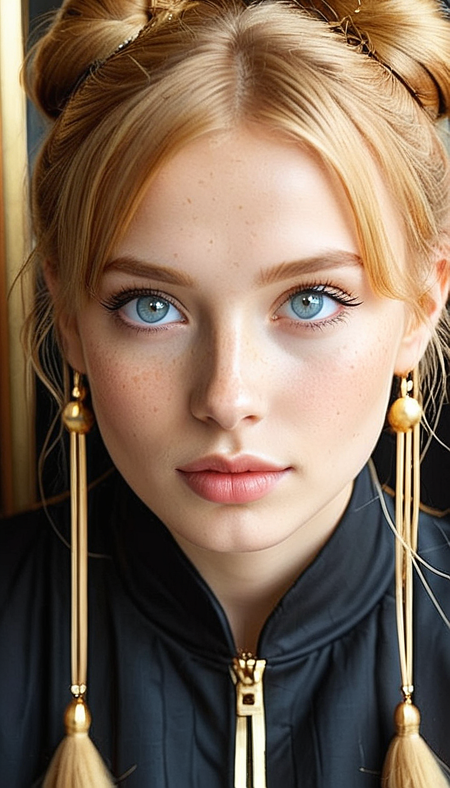 Close-up gorgeous blonde girl face , sexy, hot, cute, (bangs:1.1), freckles, light tan, large beautiful eyes, striking large eyes, aligned eyes, mirror eyes, (half smile:1.1),
tender beauty, ginger hair,(double bun hair), black Traditional Clothing, gold,
BREAK,
very long lashes, trendy portrait,
tender Aesthetic nose, ears, puffy lips, sensual lips, detailed texture, detailed eyes, detailed skin, clean skin,  black Traditional Clothing, gold,
<lora:Someplastic_b:1>, (ultra sharp focus:1.8), (detailed skin:1.8), (thin lines:1.8), (best quality:1.8),
<lora:Apparatus_-_Traction_City_Walkers_Vehicles:0.7>,
<lora:add-detail-xl:0.7> (ultra sharp focus:1.8), (detailed skin:1.8), (thin lines:1.8), (best quality:1.8),
<lora:glowneon_xl_v1:0.7>