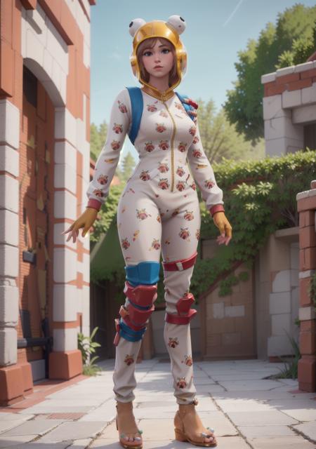 8k, best quality, masterpiece,real picture,ultra-detailed, ultra highres, depth field,(photorealistic,realistic:1.2), 1girl, solo, standing with one foot on a step or elevated surface,helmet, blonde hair, long hair, leotard, green eyes, masterpiece, <lora:OnsieFortnite_v1:0.8>