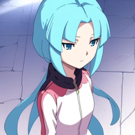 Fran  Fran (Inazuma Eleven) Flora (Inazuma Eleven) Flora light blue hair long hair blue aquamarine eyes white and pink dress-suit yellow flower in the middle of the collar teal necklace grey boots white dress pink details