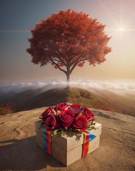 breathtaking , best quality, masterpiece,  <lora:quiron_valentinesDay_v1_lora:0.87> ValentinesDayQuiron, autumn, box, close-up, english text, flower, food, gradient background, heart, realistic, red flower, rose, tree, valentinesday, hearts theme, 
 valentines day style, love, colorfull, Dynamic cinematic close shot, 6k resolution, of a model chiseled in ethereal armor, each plate reflecting a different hue of the rainbow. Standing on a cliff, the sun casts brilliant reflections, turning the surrounding environment into a spectrum of colors, embodying the strength and beauty of diversity,, fog, lighting,  . award-winning, professional, highly detailed