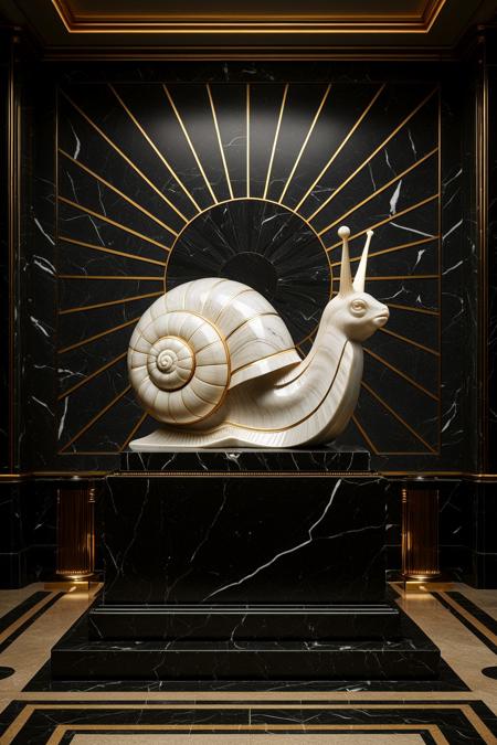 A majestic Art Deco interior featuring a monumental marble sculpture of a snail on a black marble pedestal. The snail is intricately detailed with sharp, clean golden lines forming a dense geometric grid on its body and bold concentric arcs on the shell. The background wall features a dramatic sunburst pattern in gold over dark blue marble, evoking the grandeur of a 1930s train station lobby. The atmosphere radiates opulent futurism, blending natural elegance with mechanical symbolism. Strong contrast between cold grayish marble and luminous gilded accents, perfect symmetry and theatrical lighting, The background is cool-toned gray marble, with radiant sunburst lines behind the figure. Every surface shimmers with polished metal and black stone, exuding futuristic optimism as envisioned in the opulent age of the Roaring 20s. The darkest blacks contrast with the most brilliant gold, surrounded by geometric architecture, mechanical motifs, and heroic grandeur. Elegant lighting enhances the drama. Inspired by heroic propaganda murals and luxurious train stations.