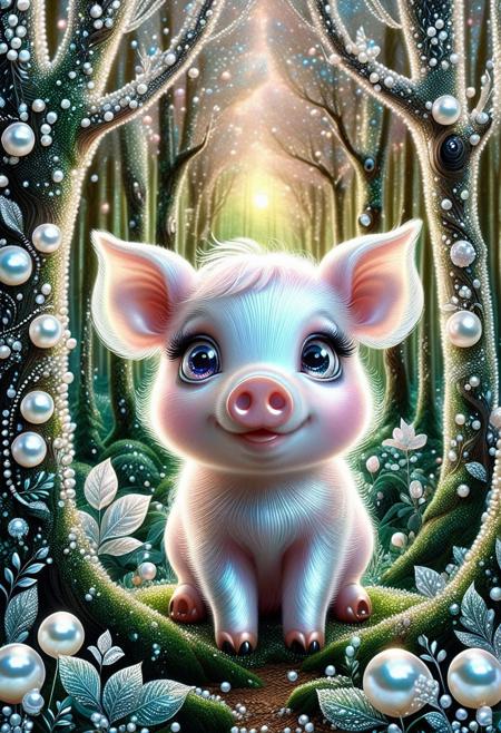 A cute pig, in a Pearlum forest, fantastical, looking around trees, whimsical, cute, big eyes  <lora:Pearlum_World_Morph:1>