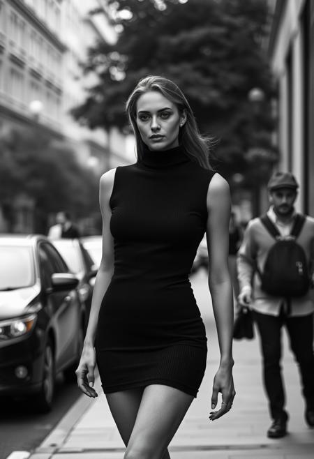 black and white photography, Ilford HP5 Plus, shallow depth of field, Lubitel 2, a beautiful woman in a skintight short black turtleneck sleeveless ribbed dress, walking down the street, fashion editorial