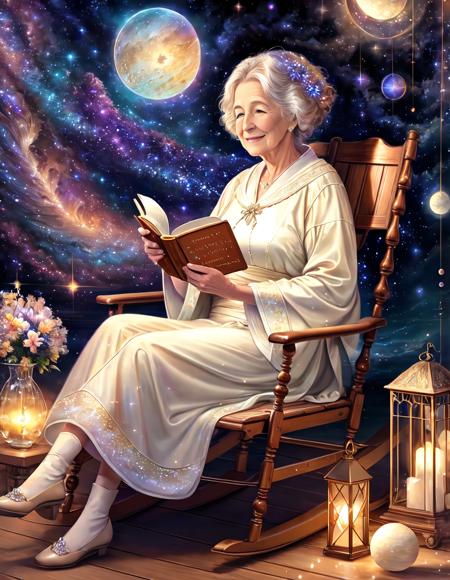 Style-NebMagic,  an award winning masterpiece photo of solo, old lady Mother Goose smiling and sitting  in a rocking chair under the stars, (((from above))), old woman, wrinkles, jovial, fairytales, cute robes, reading a book, majestic, loving,  happiness, full body, stars and moon, happiness, natural lighting,  dynamic lighting, beautiful lighting <lora:torinoAquaStyleLora_v1:0.25>