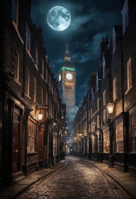 18th century, steampunk streets of London, moonlit, evening,