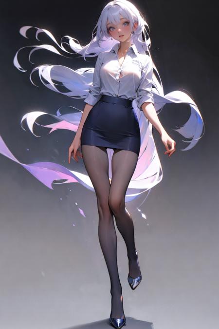 1girl,solo,<lora:GoodHands-beta2:1>,medium breasts,<lora:0106 gradient pantyhose_v1:0.7>,ruanyi0106,(full body:1.3),pantyhose,(thigh gap:1.4),back peek,bottomless,(gradient pantyhose),stiletto heels,white shirt,pencil skirt,, (masterpiece, best quality, hires, high quality, by professional artist, ultra detailed, extremely detailed, absurdres, incredibly resolution:1.2), good hands, perfect hands,