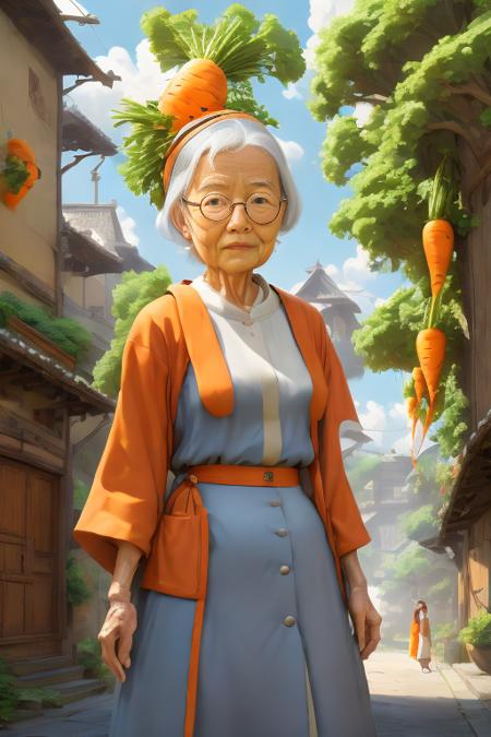 (old lady:1.4) with carrot head, 90 years old,  standing in the street, wearing black leather jacket, blue jeans!!!, white hair,  digital artwork by wlop!!! and greg rutkowski! and alphonse mucha, trending on artstation, 4 k, epic, highly detailed, cinematic composition!!!, hd, sharp focus, concept art, digital painting,  <lora:CarrotHead num  (8):1>