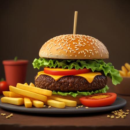 novuschroma51 style, A bright, vivid-colored claymation-style depiction of a delicious burger and fries on a plate, handcrafted textures with visible fingerprints and sculpting marks, exaggerated cartoonish proportions, a golden toasted bun with sesame seeds, vibrant layers of lettuce, tomato, melted cheese, and a thick juicy patty, crispy fries with a slightly uneven, playful shape, rich and saturated colors, soft warm lighting with gentle shadows, whimsical and playful aesthetic, stop-motion feel, highly detailed textures, rich depth, (masterpiece:2), best quality, ultra highres, original, extremely detailed, perfect lighting