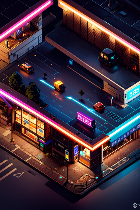 Isometric, outdoors, english text, no humans, window, night, shadow, ground vehicle, building, scenery, motor vehicle, sign, door, arrow (symbol), car, road, street, trash can, vending machine, wide shot, ultra sharp, best  illustration, extreme light and shadow, bloom, shine, dynamic angle,