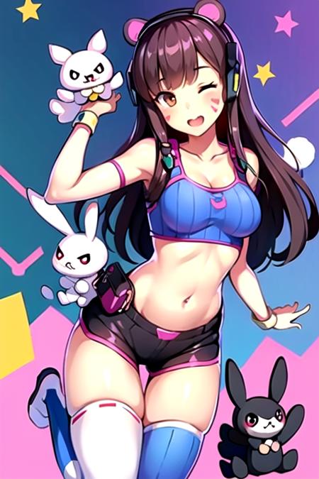 (masterpiece:1.2), best quality, masterpiece, highres, perfect lighting,1girl, :3, :x, ;d, adapted costume, animal, animal ears, animal print, animal slippers, animalization, bag, bag charm, bangs, bare shoulders, black shorts, bodysuit, breasts, brown eyes, brown hair, bunny, bunny hair ornament, bunny hood, bunny print, casual, charm \(object\), cleavage, clothed animal, collarbone, cowboy shot, d.va \(overwatch\), diaper, doll, ear bow, emblem, eyebrows visible through hair, facepaint, facial mark, fake animal ears, fingernails, fou \(fate\), gun, hair ornament, headphones, headphones around neck, holding, holding stuffed toy, jacket, kyubey, long hair, looking at viewer, mecha, medium breasts, meka \(overwatch\), midriff, monomi \(danganronpa\), mouse, navel, official alternate costume, one eye closed, open mouth, playboy bunny, pouch, rabbit ears, rabbit tail, rabbit yukine, scorbunny, shimakaze \(kancolle\), shirt, shorts, shoulder bag, skull mask, sleeveless, sleeveless shirt, smile, striped, striped legwear, stuffed animal, stuffed bunny, stuffed cat, stuffed toy, swept bangs, teddy bear, thighhighs, v, whisker markings, wings,<lora:DVA:0.7>