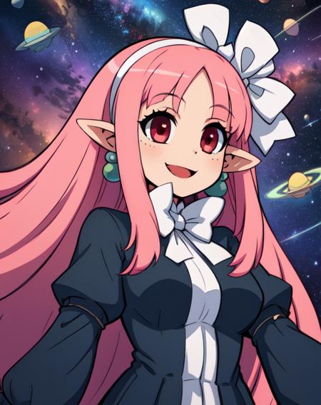 Witch.long pink hair,pointy ears,red eyes , 
smiling, standing, upper body, 
black dress, white ribbon, white hairband,long sleeves,earrings, outer space, fun park, stars,
(insanely detailed, beautiful detailed face, masterpiece, best quality),  <lora:Witch-10v5:0.8>