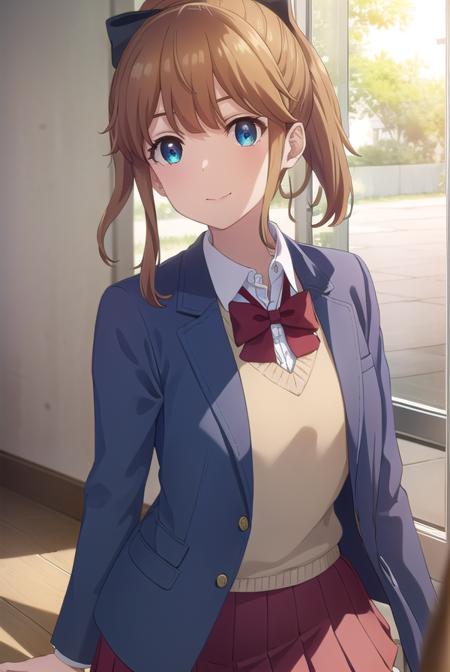 akatsukiminami, <lora:akatsuki minami s1-lora-nochekaiser:1>,
akatsuki minami, blue eyes, brown hair, ponytail, hair bow, sidelocks, black bow, smile,
BREAK shirt, school uniform, jacket, white shirt, necktie, collared shirt, blazer, red necktie, red skirt, skirt,
BREAK indoors, classroom,
BREAK looking at viewer, (cowboy shot:1.5),
BREAK <lyco:GoodHands-beta2:1>, (masterpiece:1.2), best quality, high resolution, unity 8k wallpaper, (illustration:0.8), (beautiful detailed eyes:1.6), extremely detailed face, perfect lighting, extremely detailed CG, (perfect hands, perfect anatomy),