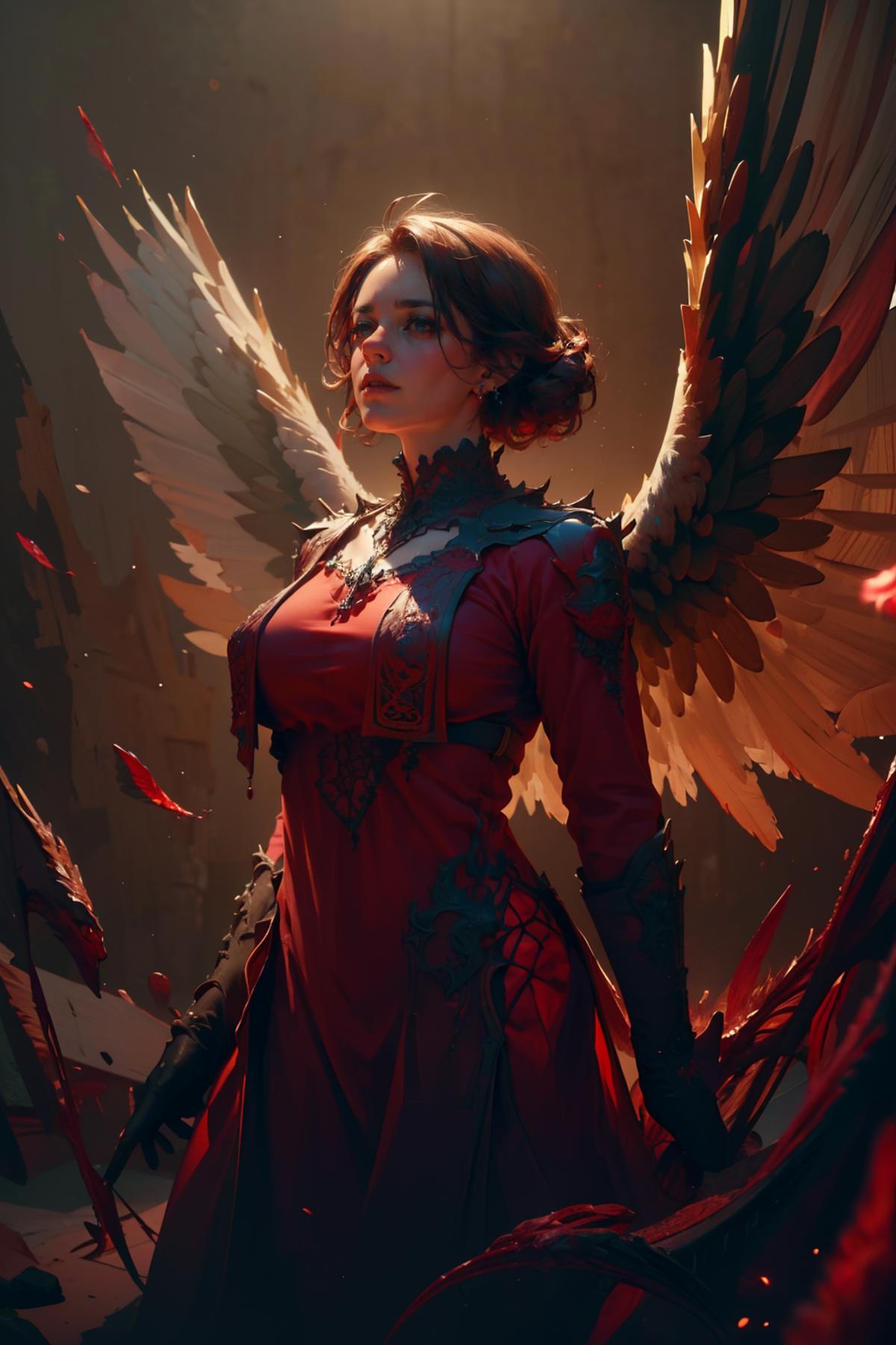 A fantasy artwork of a woman with angel wings and a red dress.