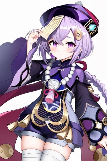 masterpiece, best quality, highres, solo, {qiqi_genshin:1.10}, purple_hair, bangs, hat, ofuda, qing_guanmao, hair_ornament, purple_eyes, jewelry, jiangshi, necklace, beads, bead_necklace, long_hair, braid, coin_hair_ornament, purple_headwear, single_braid, hair_between_eyes, 1girl, dress, long_sleeves, looking_at_viewer, thighhighs, white_thighhighs, wide_sleeves, closed_mouth, vision_\(genshin_impact\), bandages, braided_ponytail, shorts