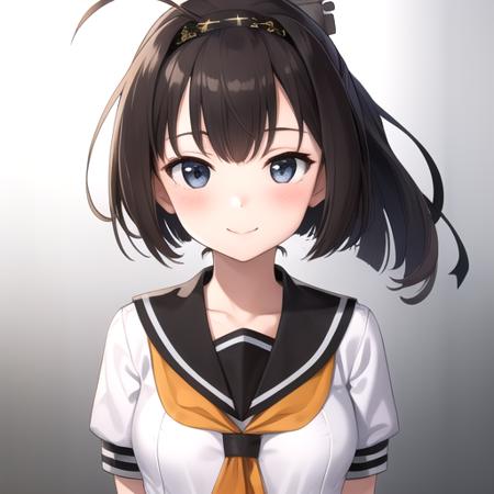 ((masterpiece)),(best quality),official art,extremely detailed CG,unity 8k wallpaper,ultra detailed,1girl,solo,upper body,(portrait:1.2),school_uniform,gloves,serafuku,ponytail,black_hair,headband,pleated_skirt,grey_footwear,hachimaki,looking_at_viewer,neckerchief,white_skirt,breasts,smile,sailor_collar,short_sleeves,long_hair,boots,blush,ahoge,rudder_footwear,hair_ornament,hairband,corset,kneehighs,white_socks,<lora:Akizuki(kan)>,