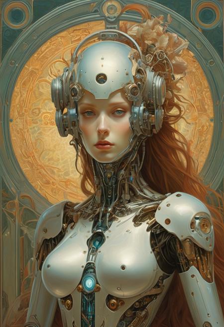 Cyborg android, fantasy, pre-raphaelite style, sinozick, Alphonse Mucha, Agostino Arrivabene, Peter Mohrbacher