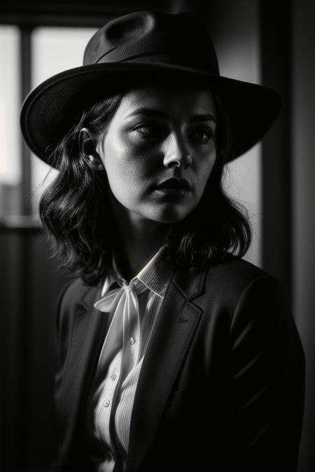Film noir style, portrait of a woman, (short:0.3) wavy hair, detective, fedora hat, shirt, tie, indoor, bold lines, hyper detailed, mysterious, cinematic, looks at viewer, (closeup:0.8), (smoke:0.5), monochrome, studio lighting, high contrast, sharp focus on a subject, dark background, dramatic shadows <lora:pytorch_lora_weights:0.5>, <lora:picxer_bside:0.7>