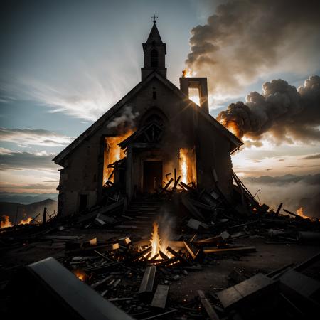 documentary photo of a burning church on top of a hill, clouds in the sky, watched through lens magnifier. Flames burn walls and roof, people run away in panic. extremely detailed, 8K, apocalyptic punk style, miniatures, macro photography in close-up, view from below, low angle shoot, Fujifilm X-T4