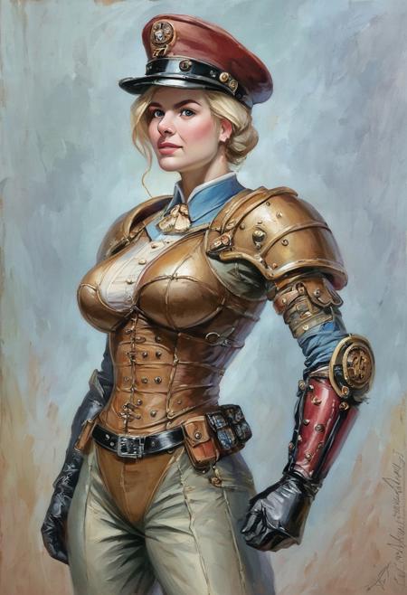 Score 9, Score_8_up, Score_7_up, ng_deepnegative_v1_75t, 1girl, negative_hand, knee-deep portrait of adult female, steampunk soldier, heavy armour, painterly, faux traditional media, realistic, bulky, muscular, big breasts
