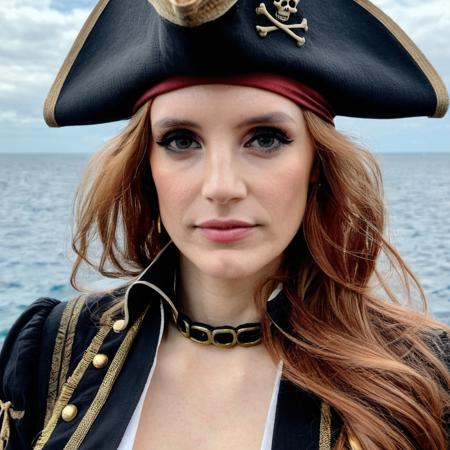 Skin Texture, Instagram iPhone Portrait photo of a woman wearing a pirate outfit on the open seas, Nikon Z9, (sharp focus), (high quality),   <lora:jeschastain_xl_1_standard_wo_cap_merger_23_42_88_02_05_03:1>