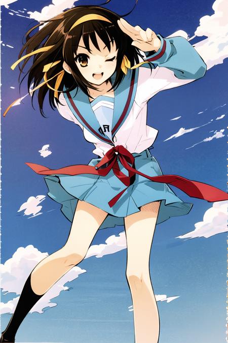 1girl, solo, suzumiya haruhi, school uniform, kita high school uniform, blue sailor collar, winter uniform, skirt, sailor collar, serafuku, blue skirt, brown hair, one eye closed, short hair, armband, ribbon, brown eyes, long sleeves, hairband,  <lora:Itou Noizi:0.8>