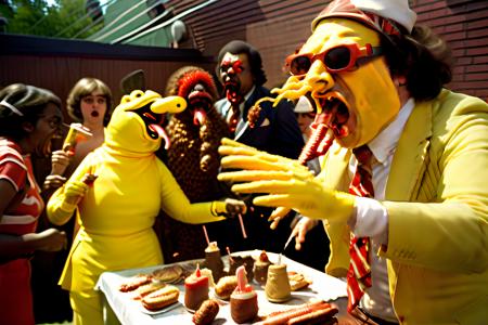 cookout food fight, a 1970s polaroid quality photo, a party featuring snuffleupagus people socializing over cocktails, vintage, retro, in costume, cosplay, yellows browns and reds