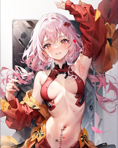 <lora:lightAndShadow_v10:0.6>,1girl, <lora:RulerTattooV1:0.8>,ruler_tattoo,light smile, navel,yuzuriha inori,  <lora:InoriV1:1>,pink hair,