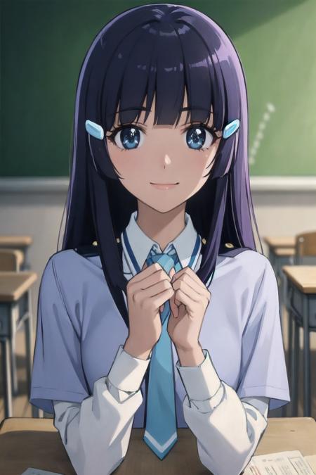 (best quality:1.1), (masterpiece:1.4), portrait, aoki reika, hair ornament, hime cut, blue hair, long hair, blue eyes, small breasts, school uniform, necktie, indoors, classroom, looking at viewer, smile,
<lora:Kizuki - Smile Pretty Cure! Aoki Reika:0.9>