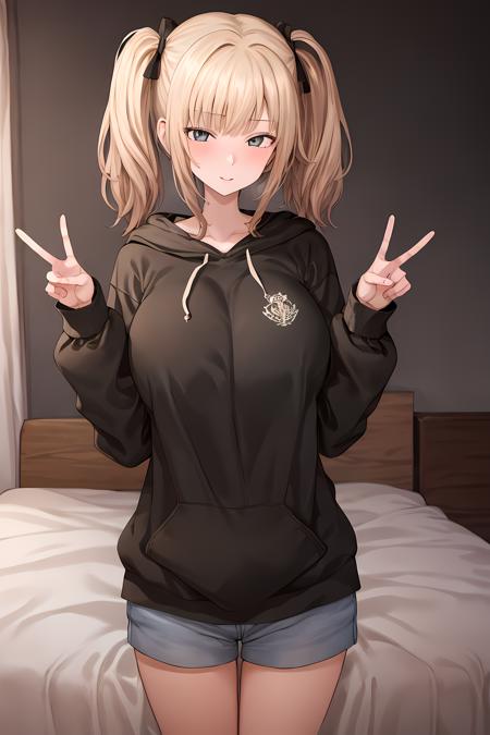 (masterpiece:1.2, best quality), (finely detailed beautiful eyes: 1.2),terasumc, (extremely detailed CG unity 8k wallpaper, perfect detailed fingers and hands, best quality, ultra-detailed),  (v:1.4), peace sign,brown eyes, brown hair, twin tails, large breasts, black hoodie, shorts,   High contrast, (best illumination, an extremely delicate and beautiful),1girl,(simple backround, bedroom, indoors),  looking at viewer,beautiful detailed glow, (beautiful detailed face, beautiful detailed eyes), (perfect hands),