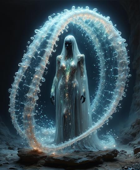 glowinglora, An divine deep-space entity with razor-sharp teeth and iridescent scales glides with serene elegance through liquid space.  Its long, luminescent tentacles spiral outwards, gracefully ensnaring translucent, bioluminescent beings in a delicate, mesmerizing capture. The scene is bathed in soft, otherworldly glows, emphasizing the creature's majestic, haunting presence against the infinite cosmic abyss. <lora:glowing_and_light_particles_sd3.5-000010:0.7500000000000001>