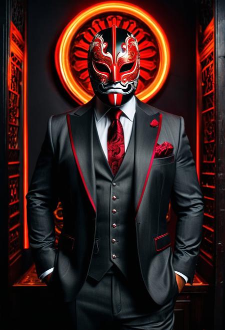 This striking image depicts a massive man in a dark grey three-piece suit, adorned with a vibrant Onyx and crimson Mexican luchador mask. The gothic dieselpunk aesthetic is characterized by contrasting colors and dynamic lighting, evoking a sense of ominous grandeur.