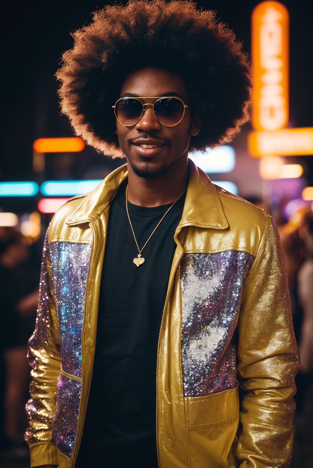 A man wearing a gold jacket and sunglasses.