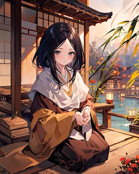 ricechan, 1girl, black_hair,solo, japanese clothes, <lora:RicechanSekiroV1-000006:1>,kimono,outdoors,bamboo,lake,east asian architecture, 
seiza,