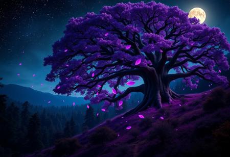 A giant oak tree, with purple-indigo leaves, on the side of a hill in a mystical forest, during night, with violet-tinted leaves of light floating around the tree. Surrounded by a forest of smaller trees. Colourful, saturated colours, dark, fantastical, bioluminescence. Moonlit night with stars and constellations